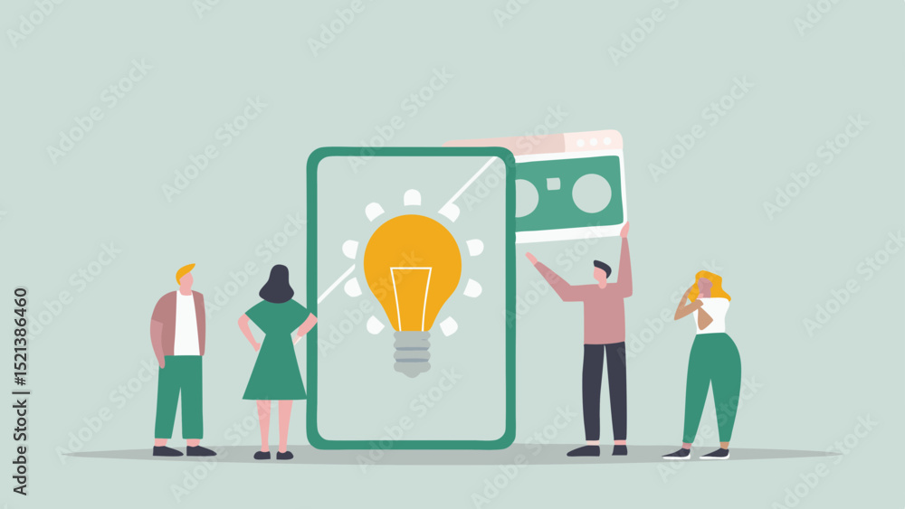 Aufkleber team brainstorming around a light bulb displayed on a large device screen with pastel color scheme