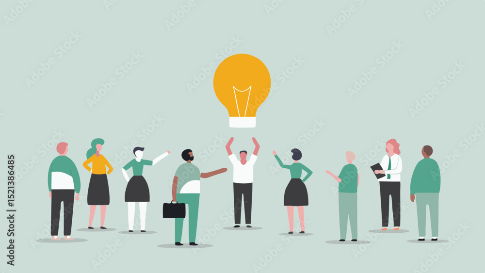 Poster group of people standing and pointing toward a large lightbulb representing innovation and collabora