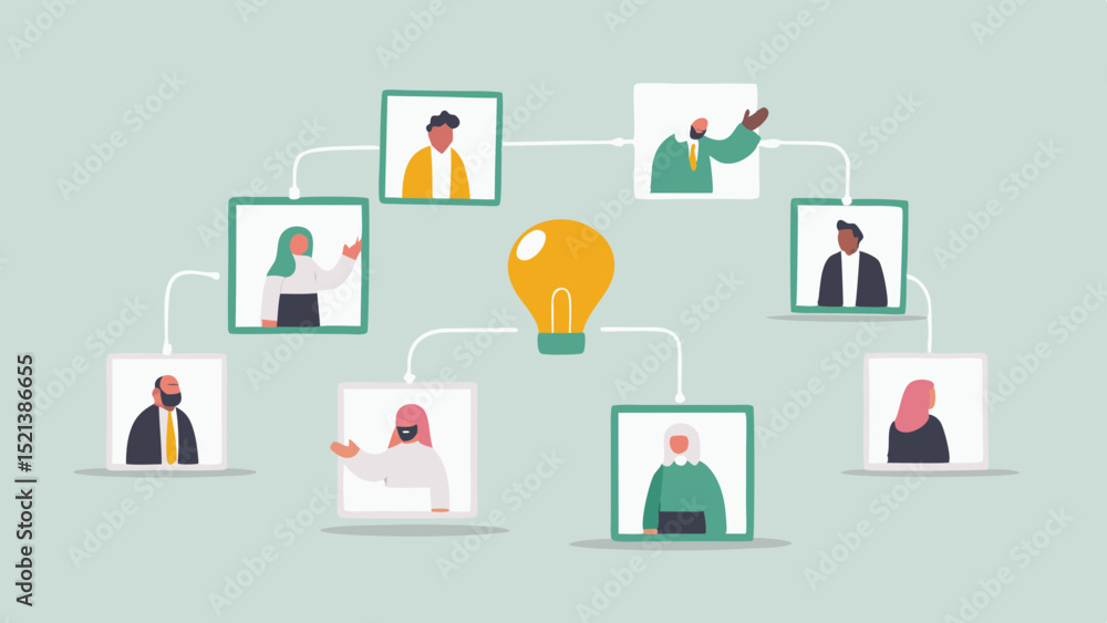 Poster diverse team connected to a central idea represented by a light bulb in a network diagram