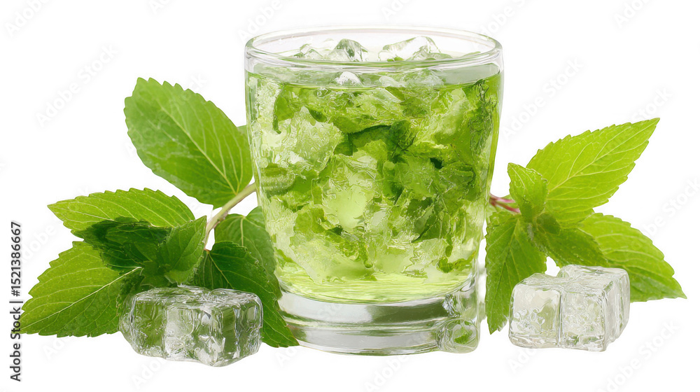 Poster green tonic filled with ice cubes and decorated with fresh mint leaves, creating a refreshing and th