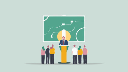 Illustration of a man giving a presentation to an audience with a chart in the background
