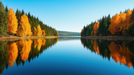 Serene Autumn Reflection at Tranquil Lake Surrounded by Vibrant Trees in the Wilderness
