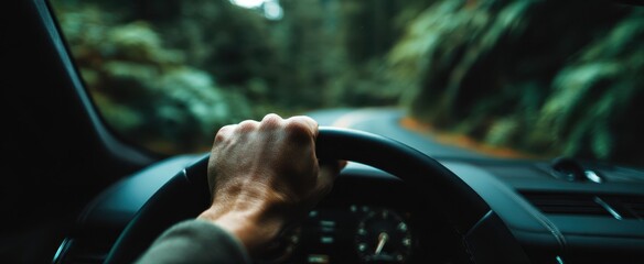 The Hand on the Steering Wheel in a Lush Forest Road Adventure