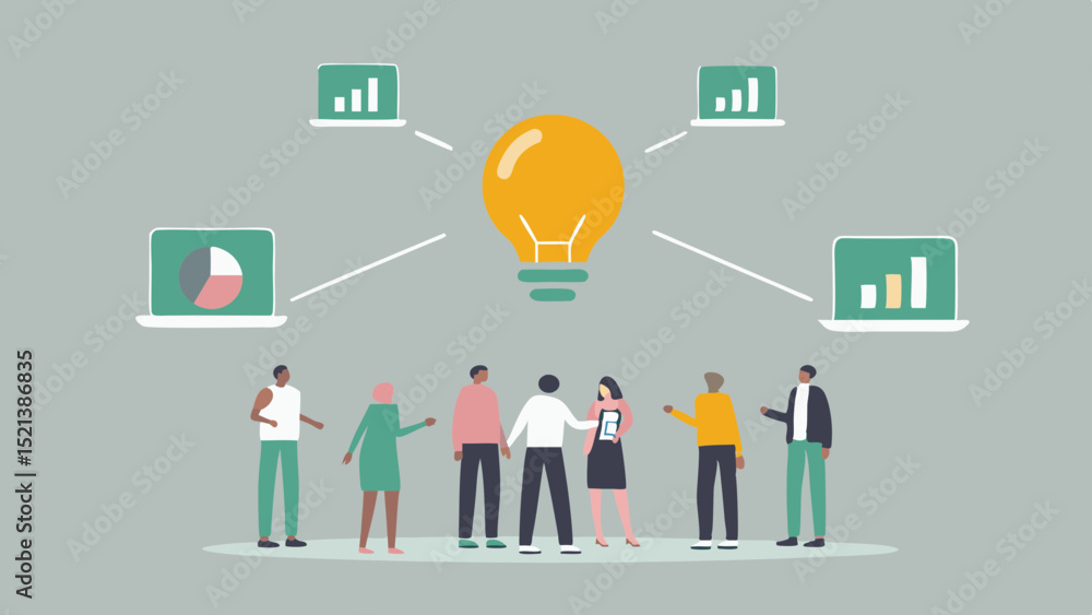Poster group of people standing under a lightbulb with laptops showing charts and graphs around them