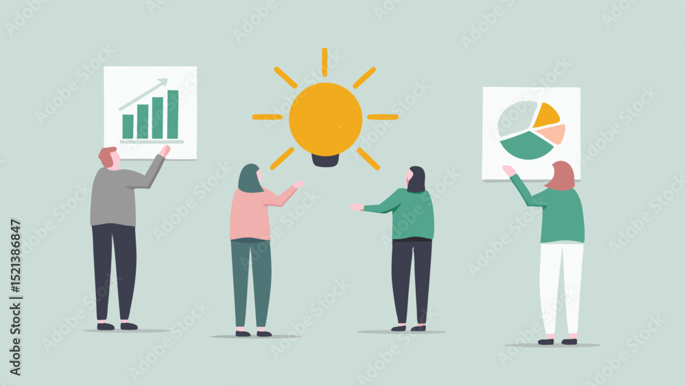 Poster group of people presenting charts and a lightbulb representing a new idea in a business setting