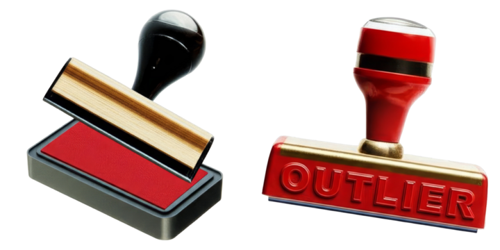 PNG Two stylized rubber stamps display the word ‘Outlier’ on one and a golden stamp with red ink.