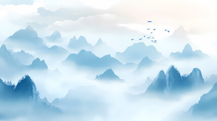 Misty Mountain Scenery in Chinese Style Painting