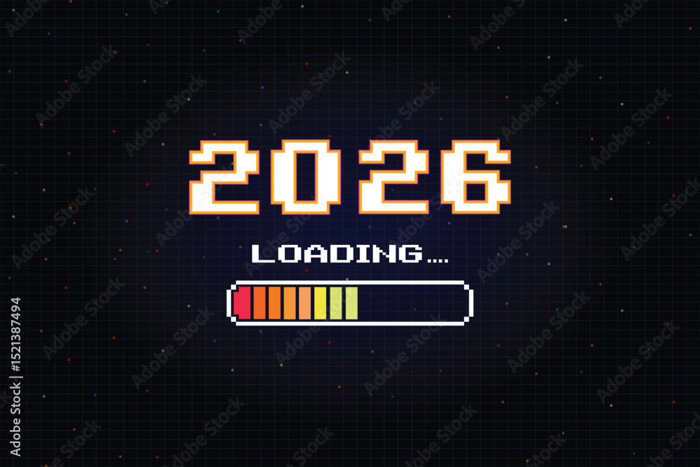 Aufkleber loading 2026. pixel art. 8 bit. retro game. for game assets in vector illustrations. retro futurism 