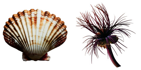 PNG scallop and a purple sea urchin are displayed on a transparent background.