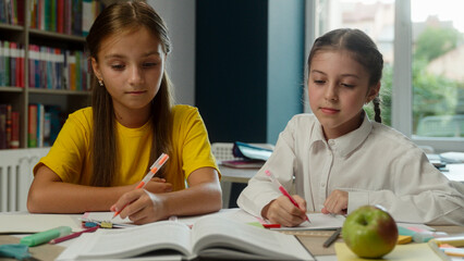 Obraz premium Caucasian kids two little girls schoolgirls teens students pupils classmates children exam prepare writing copybooks homework together educational subject lesson studying learning in school classroom