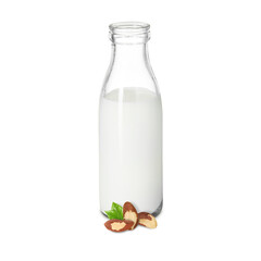 Nut milk in glass bottle and Brazil nuts isolated on white