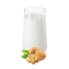 Nut milk in glass and walnuts isolated on white