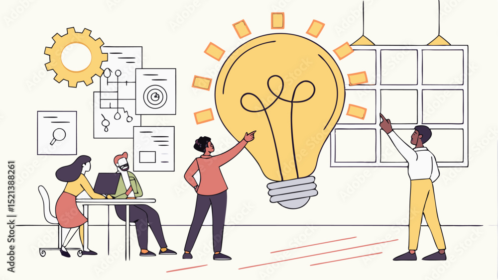 Poster team brainstorming around a large lightbulb with sticky notes and documents in a collaborative space