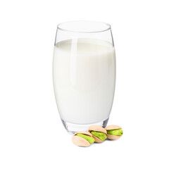 Nut milk in glass and pistachios isolated on white