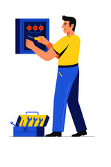 Electrician Working on Fuse Box with Tools – Vector Illustration of Electrical Repair Maintenance