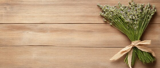 Lavender bouquet rests on wooden table. Natural gardening background. Small bunch tied with rustic string lies on light brown surface.