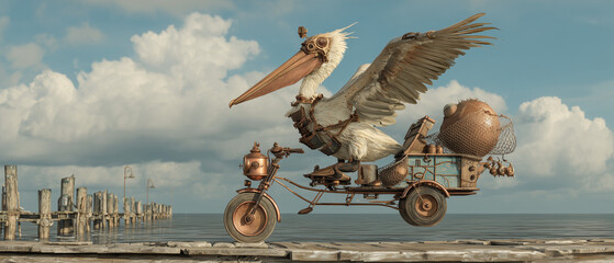 futuristic pelican with wings riding an electric scooter, summer nautical steampunk with fishing net textures