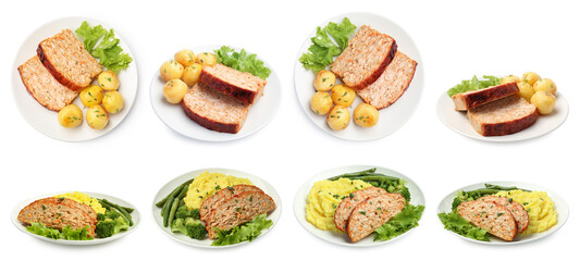 Cooked dishes with baked meatloaf isolated on white, set. Top and side view