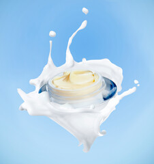 Jar with cream in splash of cosmetic product on light blue gradient background