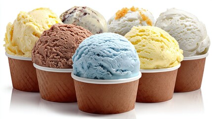 A colorful assortment of delicious ice cream scoops in paper cups, perfect for summer treats and dessert satisfaction.