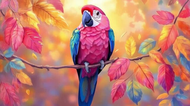 Colorful parrot perched on branch surrounded by bright abstract autumn leaves, vibrant bird illustration for wildlife projects and seasonal design