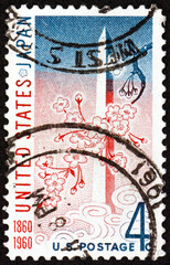 Postage stamp USA 1960 Washington monument and cherry blossoms, centenary of the US-Japan Treaty of Amity and Commerce