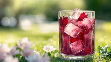 A refreshing drink with ice cubes sits on grass, surrounded by flowers.