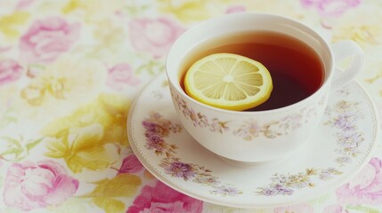 A cup of tea with a lemon slice on a floral tablecloth.