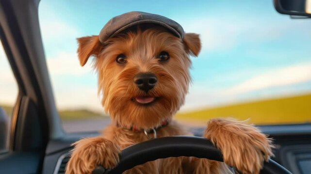 Adorable dog in cap driving car on scenic road trip against clear blue sky and landscape ideal for pet-themed content, travel, and animal companionship themes for advertisements
