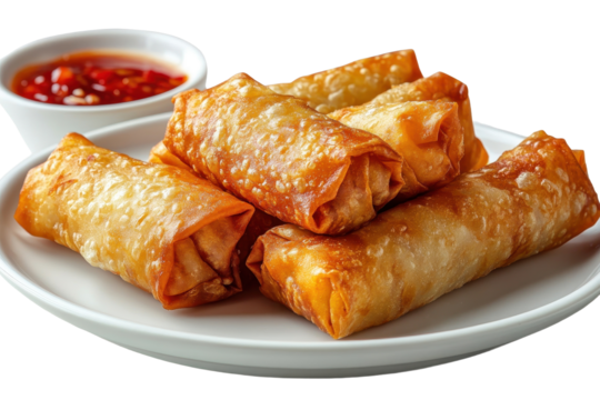 Spring rolls plate isolated on transparent background. PNG.