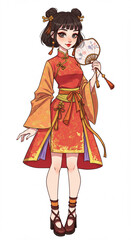 Elegant Chinese Woman Cartoon with Fan Vector Artwork