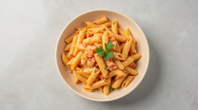 Delicious pasta dish featuring penne noodles topped with creamy sauce and garnished with fresh herb. Perfect for comforting meal