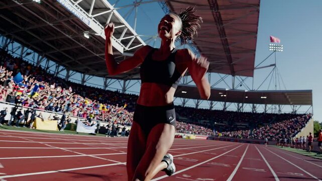 Dynamic low-angle video shot of a triumphant athlete crossing the finish line in a stadium, capturing the energy and excitement of the moment.