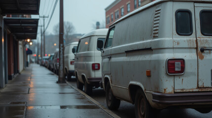 Naklejka premium Old vans parked on rainy street, showcasing rust and urban charm. wet pavement reflects muted city lights, creating nostalgic atmosphere