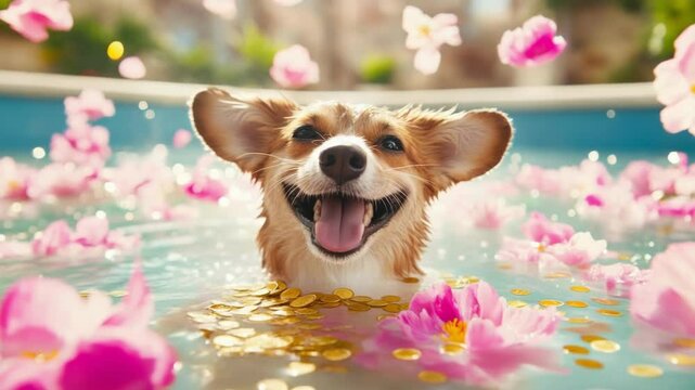 Cheerful corgi dog with big smile looking at camera, immersed in pool with floating pink flower petals and confetti. Fun pet portrait for summer and happiness concept