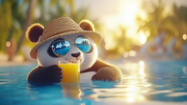 Cute cartoon panda bear character in sunglasses and straw hat relaxing in swimming pool with an orange drink. Funny wildlife vacation concept for funny animal postcard.