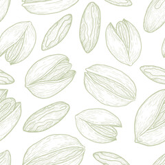Seamless pattern of pistachios in vintage hand-drawn style on white background for packaging and textiles