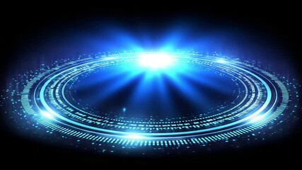 Futuristic technology interface with glowing blue energy rings and light bursts animation effect - Powered by Adobe