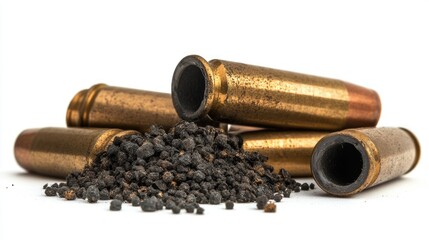 9mm pistol bullet casings with gunpowder pile isolated on white background 