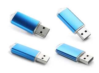 Blue flash drive isolated on white, collage. View from different sides