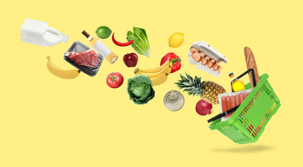 Food products flying into green shopping basket on pale orange background