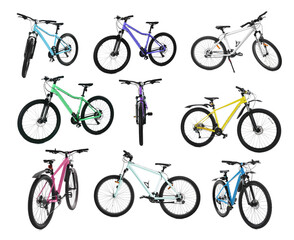 Different color bicycles on white background, collage