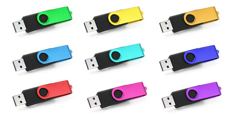 Colorful flash drives isolated on white, collage