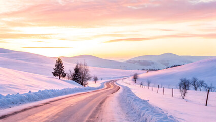 Scenic Winter Road through Snowy Hills at Sunrise