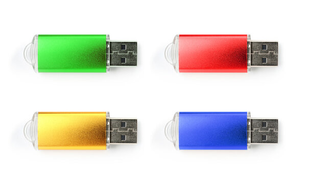 Colorful flash drives isolated on white, collage. Top view