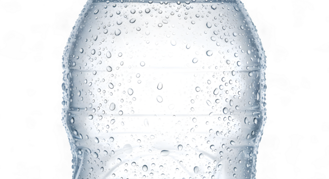 Close-up of a water bottle covered in refreshing condensation droplets.