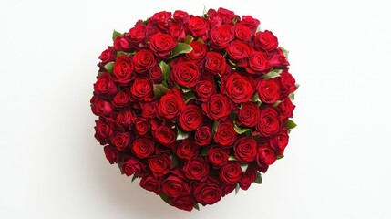 heart shaped big bouquet of red roses on white background, top view, digital photography