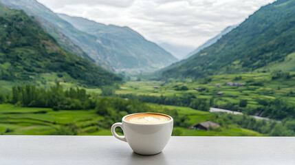 Scenic Mountain View With Coffee Cup On Patio