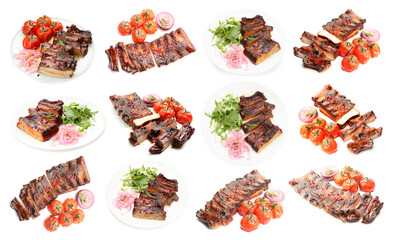 Delicious grilled ribs on white background, collage