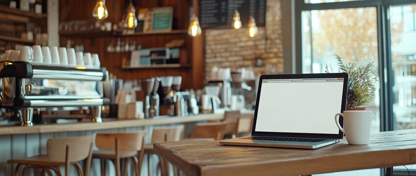 A laptop with a blank screen is placed on the table in a coffee shop, a computer mockup template. The white screen of a modern notebook for displaying your designs and text, with a mug cup near the Ma
